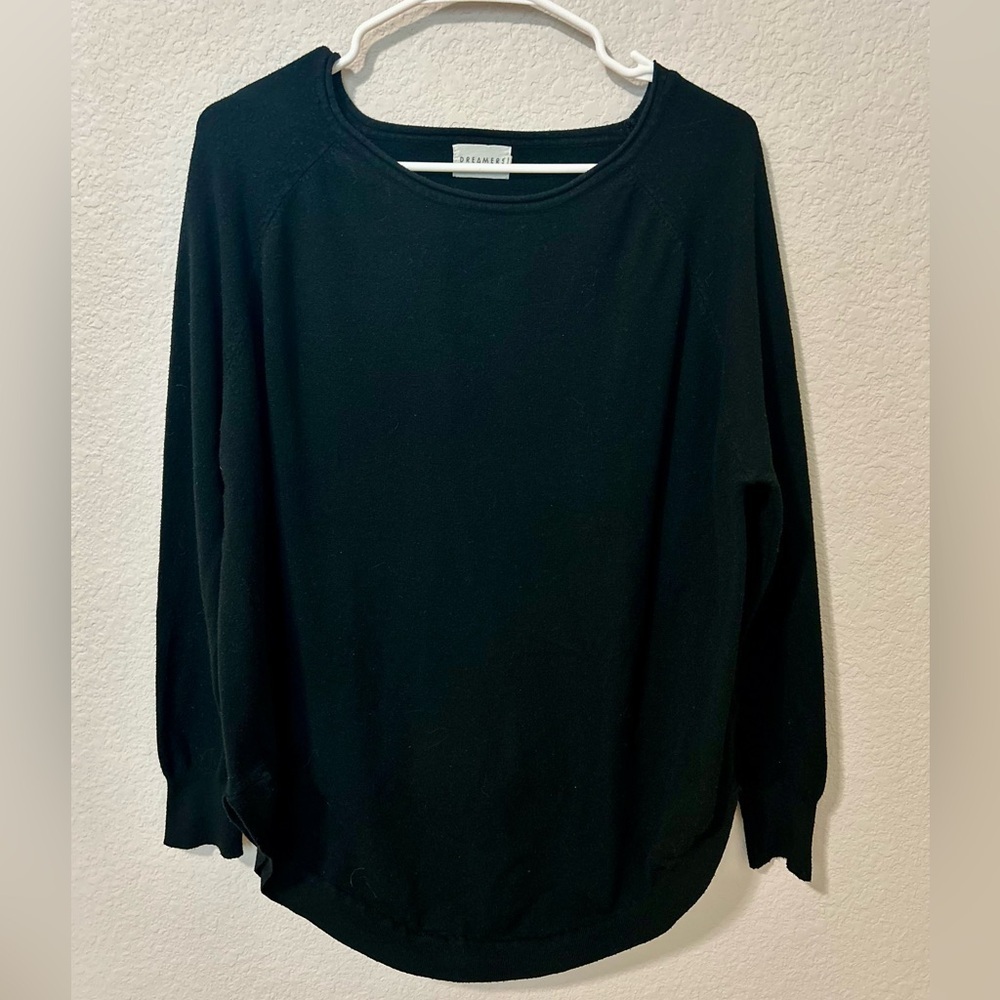 Dreamers Black Crewneck Sweater S/M Relaxed Fit Dolman Raglan Sleeve Tunic Top